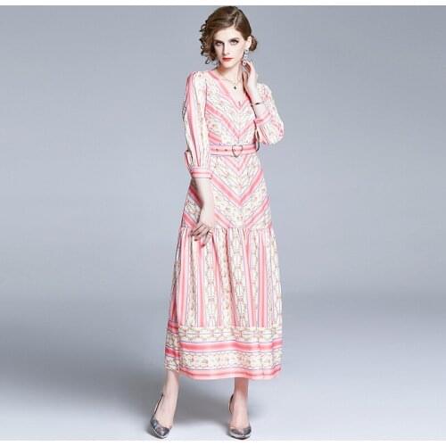 Summer Runway Maxi Dress Womens Long Sleeve V-Neck Flower Print Striped Vacation Long Dress Female Vintgae Boho Dress K3768