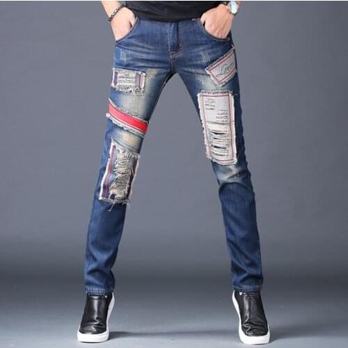28-40 Autumn And Winter Jeans Men Plus Velvet Thick Patch Hole Jeans Hairstylist Tide Feet Pants Singer Stitching Beggar Pants
