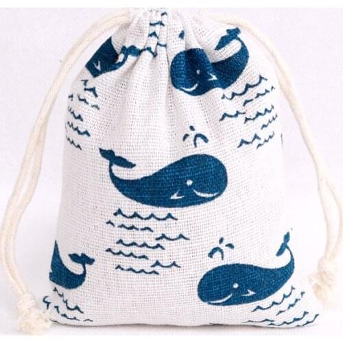 50pcs/lot 10x14cm Blue Fishes Cotton Bags Party Decoration Candy Gift Bag Pouches Fvaor Muslin Boutique Jewelry Packaging Bags