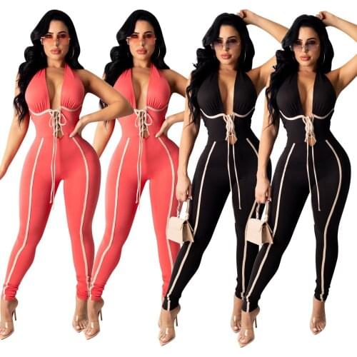 Adogirl Fitness Women Rompers Halter Neck Stripe Bandage Jumpsuit Sleeveless Skinny Leggings 2021 Solid Sporty One Piece Outfits