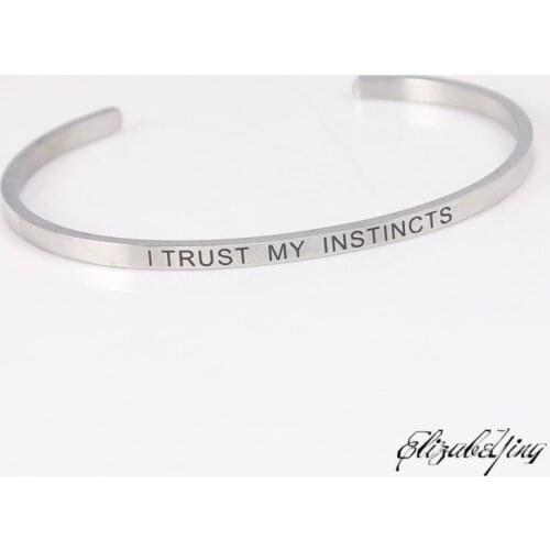 Stainless Steel Bar Engraved I TRUST MY INSTINC Positive Inspirational Quote Cuff Mantra Bracelet Bangle For Women Black Letter