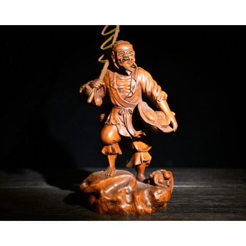 Home Decor 7" China Lucky Old Boxwood Hand-carved Fisherman fishing The bait statue Implication More than every year