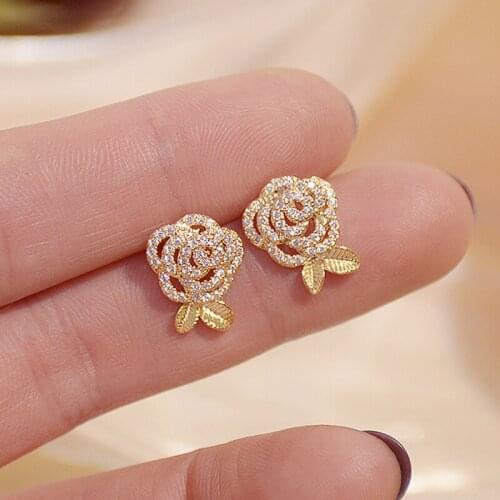 Korea Hot Selling Fashion Jewelry 14K Real Gold Plating AAA Zircon Delicate Flower Earring Elegant Womens Wedding Accessories