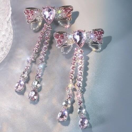 Korean Luxury Elegant Pink Cystal Bowknot Drop Earrings For Women Girls Fashion Rhinestone Long Pendientes Jewelry