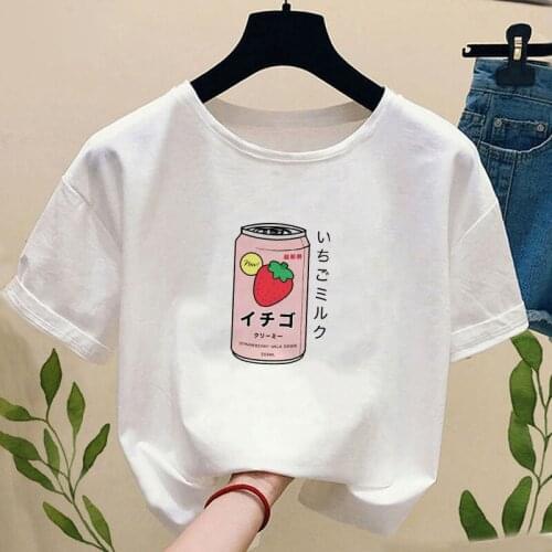 Summer Womens T-shirt Japanese strawberry milk drink short-sleeved Harajuku Kawaii graphic T-shirt Camisetas Mujer top Female