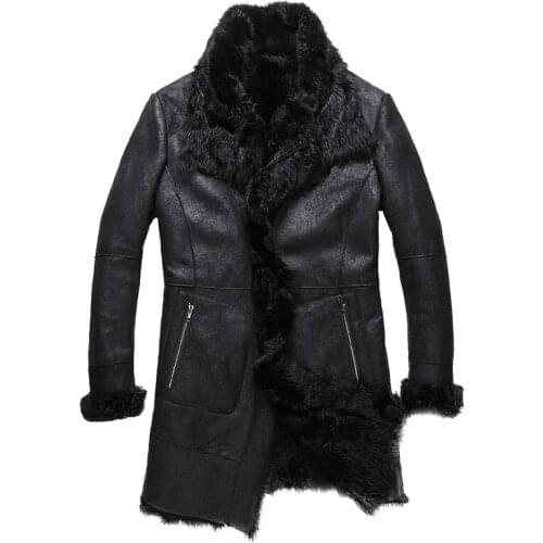 High Quality Black Long Genuine Leather Jacket Men Winter Sheepskin Coat Curly Wool Linner Real Leather Mens Jackets and Coats
