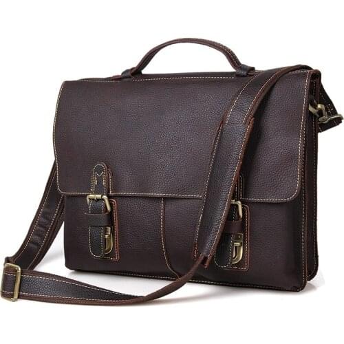 Nesitu Vintage Brown Durable Thick Genuine Leather Mens Briefcase Men Messenger Bags 14'' Laptop Portfolios Handbag M7090