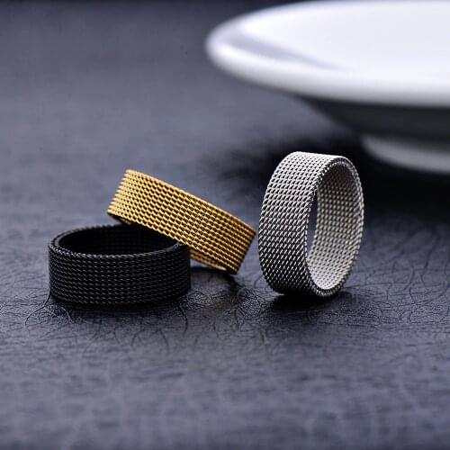Wholesale low price stainless steel gold black color 8MM mesh finger ring fashion unisex jewelry 7-10# anel bague