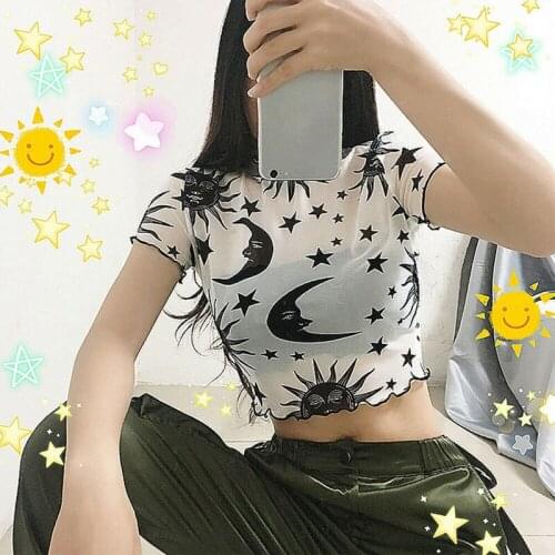 Angel Printed See Through Sheer Mesh Crop Tops Sexy Women Fishnet Short Sleeve Turtle Neck T-shirt Tee Shirt Summer