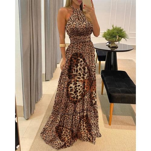 Puloru New Summer Sleeveless Halter Maxi Dress Party Club Elegant Women High Waist Flared A-Line Sundress Leopard/Butterfly/Dots