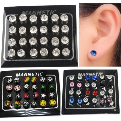 24 Pcs Round Crytsal Logo Magnet Ear Stud Earring Puck Womens Mens Magnetic Fake Ear Plug Lip Labret Stud 3mm 4mm 5mm 6mm