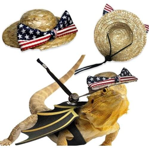 Lizards Harness Hats Set Bearded Dragon Straw Hat Clothes Accessories Adjustable Reptile Handmade Rattan Hat for Small Animals