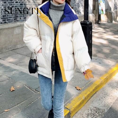 Sungtin New Patchwork Thicken Warm Oversized Parkas Women Korean Solid Loose Coats Fashion Female Outerwear 2021 Winter Zipper