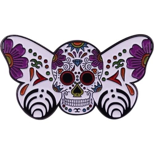 Candy Skull Deaths Head Moth flowers Beautiful butterfly wings pin day of the dead Halloween Jewelry