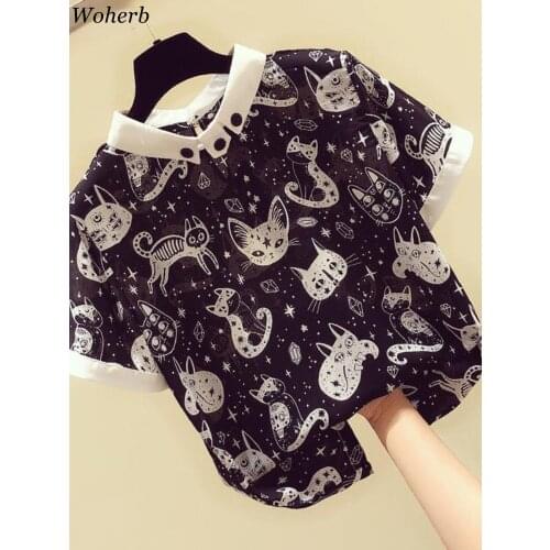 Woherb 2021 Plus Size S-4XL Chiffon Blouse Women Casual Loose Shot Sleeve Tops Shirt Cute Kawaii Cat Print Blusas Mujer