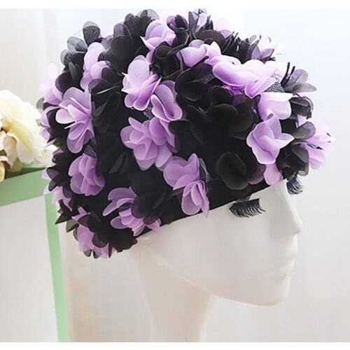 Women Long Hair Nylon Headband Color Flower Swim Cap Petals Elastic Plus Lining Comfortable Breathable