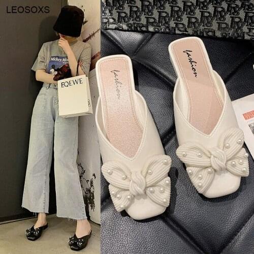 2021 Summer New Pearl Bow Half Slippers Womens Comfortable Thick Heel Casual Sandals Korean Fashion Baotou Lazy Sandals