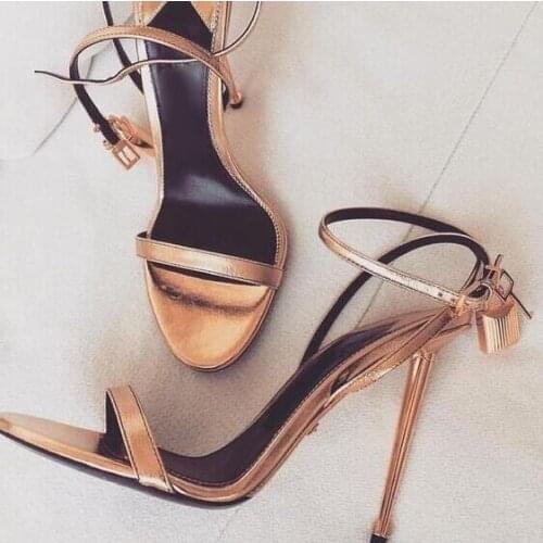 Padlock Women Gladiator Sandals Ankle Strap Metal Decoration Women Pumps Open Toe Gold Metal Heels Banquet Dress Shoes Plus Size