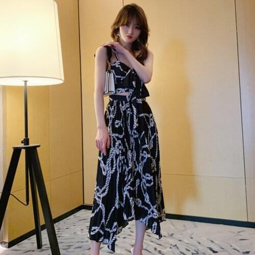 2 Piece Set 2020 Women Suit Summer Print Bow Spaghetti Strap Short Tops and Asymmetrical Maxi Skirts Crop Top And Skirt Vestidos