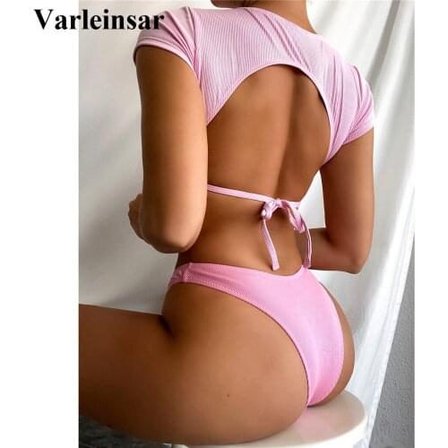 Ribbed Backless Short Sleeve Bikini Women Swimwear Female Swimsuit Two-piece Bikini set High Neck Bather Bathing Suit Swim V3009