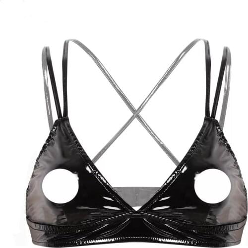 Women Sexy Glossy Deep U Leather Bra For Sex Back Adjustable Erotic Hot Porn Breast Exposing Shiny Latex Halter Neck Tops Sexi