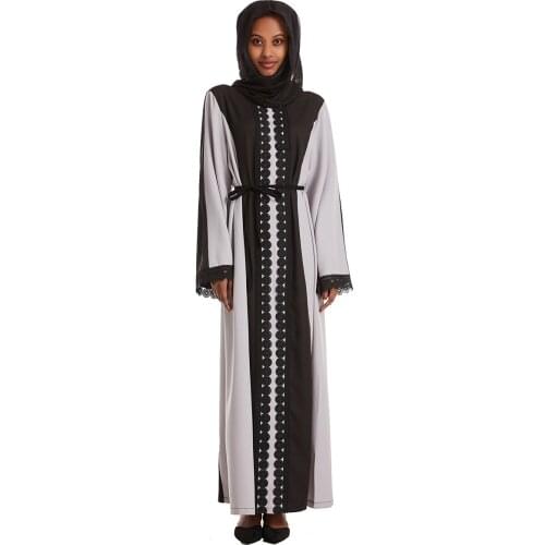 Women Muslim Abaya Islamic Long Sleeves Applique Lace Round Neck Maxi Dress Lady Saudi Arab Ethnic Femal Robe Thobe Kaftan