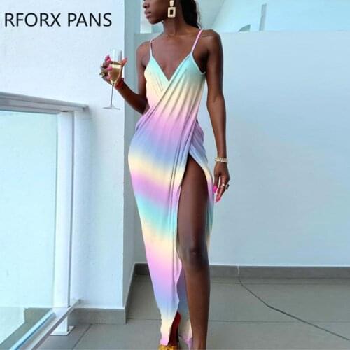 Women Ruched Skinny Tie Dye Cami Slit Party Sexy Dress