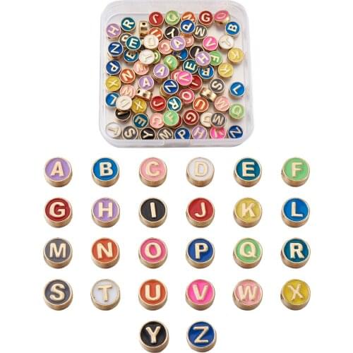 104pcs/Box Alloy Enamel Spacer Beads Flat Round with Initial Letters for Jewelry Making DIY Bracelet Necklace Decor Accessories