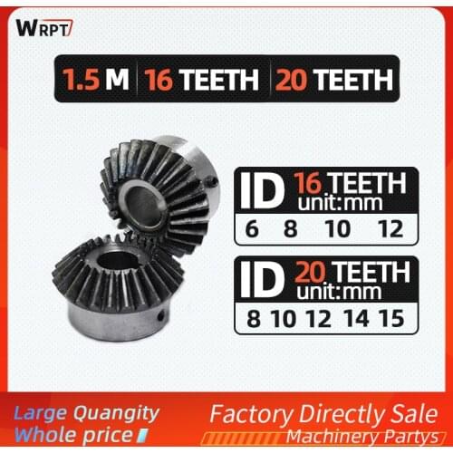 2Pcs 1:1 Bevel Gear 1.5 Modulus gears 16/20 Teeth ID= 6mm/8mm/10mm/12mm 90 Degree Steel Gears With Screws