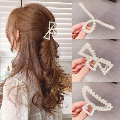 2020 Korean Pearl Bow Hair Claw Clips Crab Elegant Geometric Hairpin For Women Girl Sweet Hollow Out Hair Accessories Bath Clip