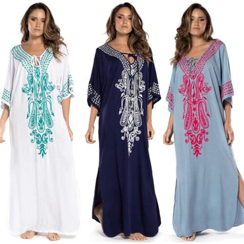 2021 Indie Folk Embroidered Short Sleeve Summer Dress Cotton Tunic Beach Kaftan Women Beachwear Swimsuit Cover Up Robe de plage