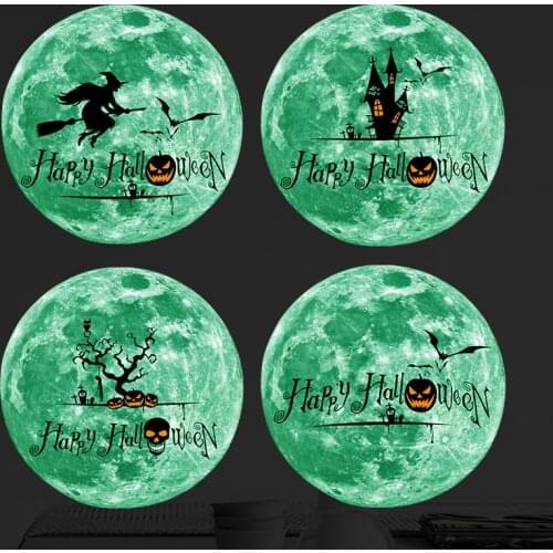 30cm Round Halloween Moon Castle Bats Fluorescent Glow in Dark Luminous Wall Stickers For Kids Room Decor Art gift for children