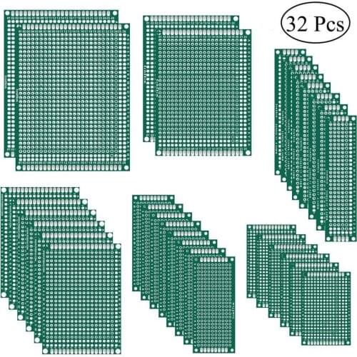 32 Pcs Double Sided PCB Board Prototype Kit 6 Sizes Universal Printed Circuit Protoboard for DIY Soldering Project for Arduino