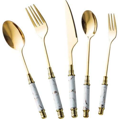 5pcs Ceramic Handle Dinnerware Set Creative Marbling Stainless Steel Gold Knife Fork Coffee Spoon Cutlery Set Dinnerware Set
