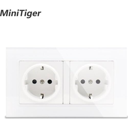 Minitiger White Luxury glass panel Wall Power Dual Socket Plug Grounded, 16A EU Standard Electrical Double Outlet 146 mm * 86 mm