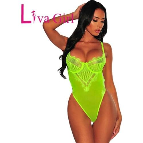 LIVA GIRL Woman Neon Green Sheer Mesh Lace Bodysuits Women Sexy Hollow Out Bustier Spaghetti Straps Bodycon Transparent Bodysuit