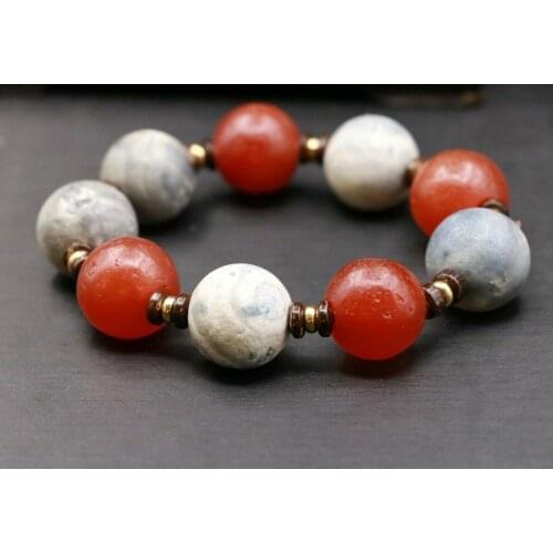 Treasure Magic LKbrother Magic Power Tibetan Old Agate Tang Dy gray&red dZi Bead Bracelet Bangle Totem