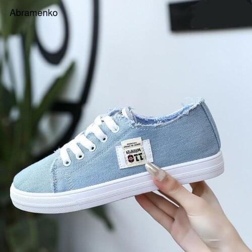 Denim Canvas Shoes Vulcanized Sneakers Solid Shoes Sneakers Ladies Lace-up Casual Blue Shoes Breathable Shoes Plus size 35-40