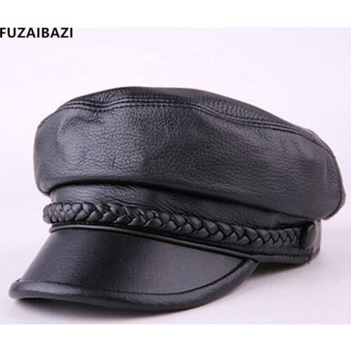 FUZAIBAZI Fashion New Mens Womens Genuine Autumn Winter First Layer Sheepskin Military Hat Youth All-Match Trend Flat Cap