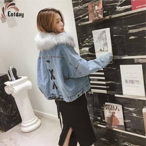 Cotday Cotton Cowboy Loose Fox Like Fur Collar Womens Short Winter Warm Padded Plush Thickened Female Vintage Jeans Parka Coat