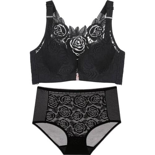 Front button plus size rose bra set Gathered and adjustable push up bra set 48D 110D