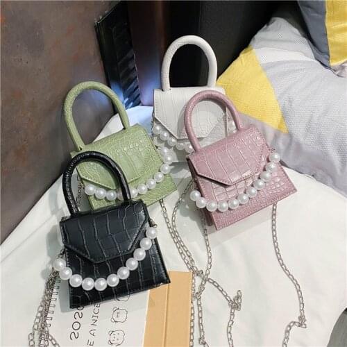 2020 Mini Little Purse Summer Girls Cross Body Chain Bag Crocodile Pattern Pearl Square Handbag For Women