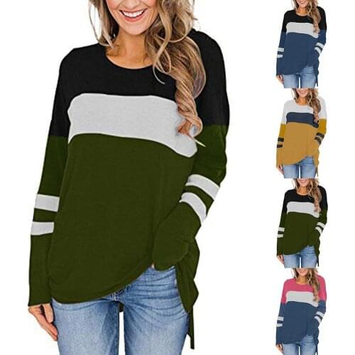 2021 Fashion Women T Shirt Spring Autumn Color Block Long Sleeve Basic T-Shirts Casual Top Loose Tee Shirts Femme Tshirt