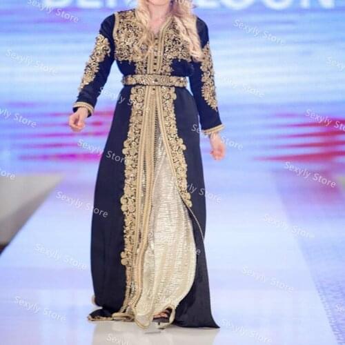Fancy Muslim Prom Dresses With Gold Appliques Sexy v Neck Long Sleeve Kaftan Dubai Abaya Evening Dress 2021 Beaded Party Dress