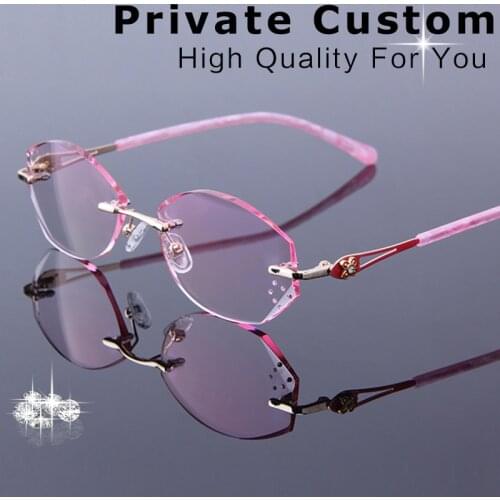 Fashion Eyeglasses Rhinestone Rimless Women Glasses Prescription Optical Glasses Frame for Women Eyewear Myopia\Hyperopia Pink