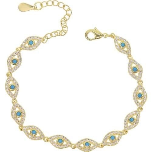 Girl women fashion jewelry 15+4cm gold filled micro pave cz lovely turkish evil eye charm beads linked bracelet