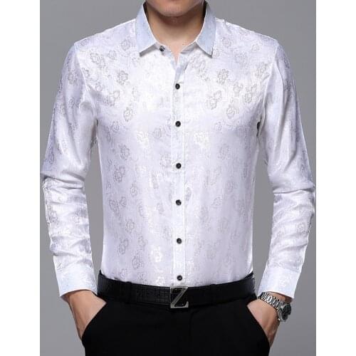 Hot selling mens floral dress shirt long sleeve silk shirt male fashion printing thin soft satin silk clothes