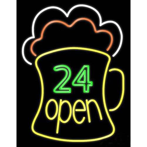 24 Hours OPEN Beer Mug Custom Handmade Real Glass Tube Bar KTV Store Home Motel Advertise Decoration Display Neon Sign 14"X17"