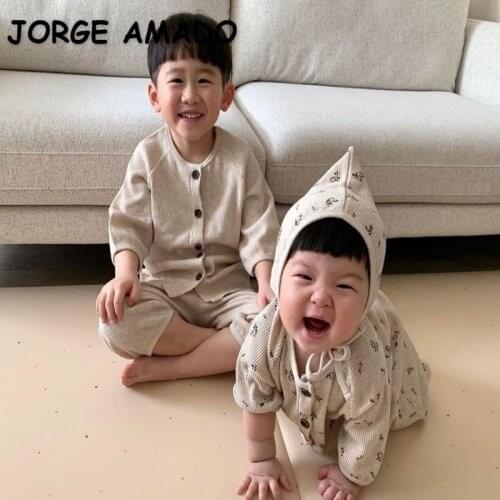 2021 New Autumn Kids Girls Boys Pajamas Sets Long Sleeves Floral Top+ Sjorts Knitting Newborn Clothes Protecting Stomach E3700