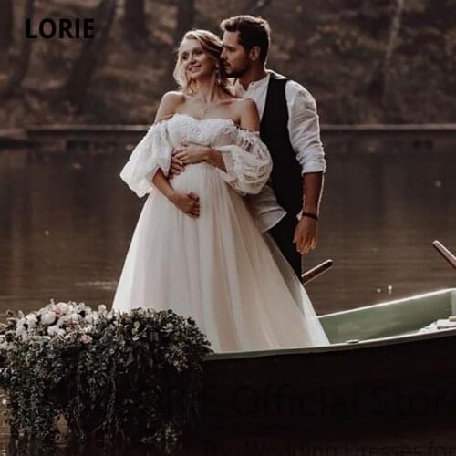 LORIE Beach Wedding Dresses for Pregnant Women Off the Shoulder A-Line Long Puff Sleeves Wedding Bridal Gown suknia slubna